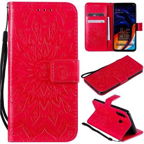 Embossing Sunflower Leather Wallet Case for Samsung Galaxy A60 - Red