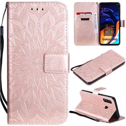 Embossing Sunflower Leather Wallet Case for Samsung Galaxy A60 - Rose Gold