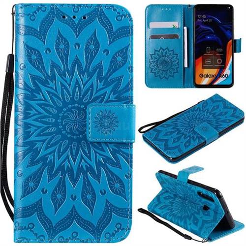Embossing Sunflower Leather Wallet Case for Samsung Galaxy A60 - Blue