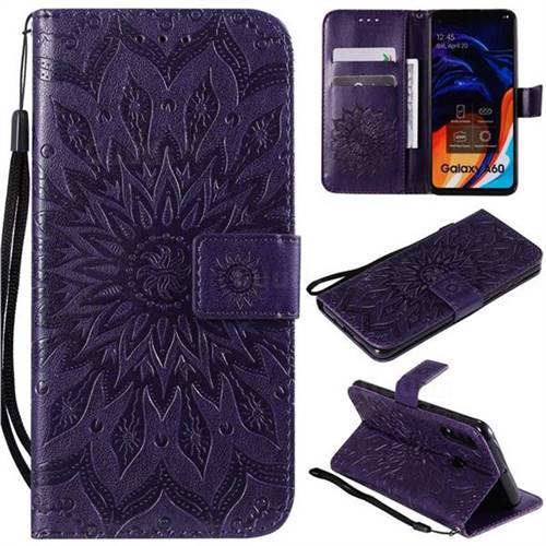 Embossing Sunflower Leather Wallet Case for Samsung Galaxy A60 - Purple