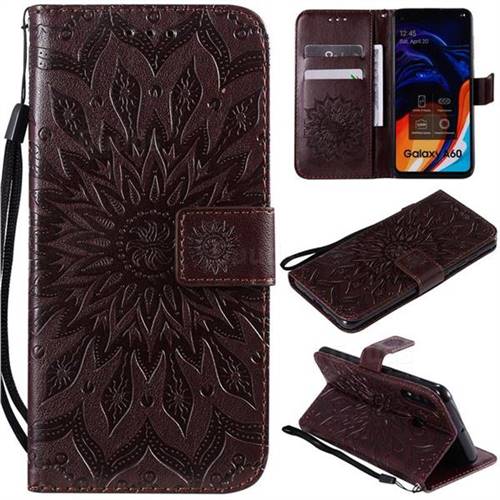 Embossing Sunflower Leather Wallet Case for Samsung Galaxy A60 - Brown