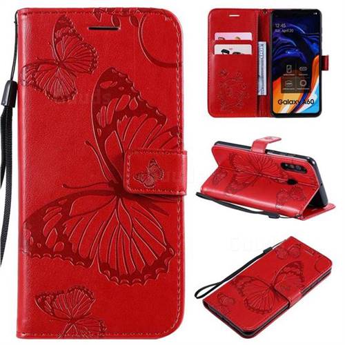 Embossing 3D Butterfly Leather Wallet Case for Samsung Galaxy A60 - Red