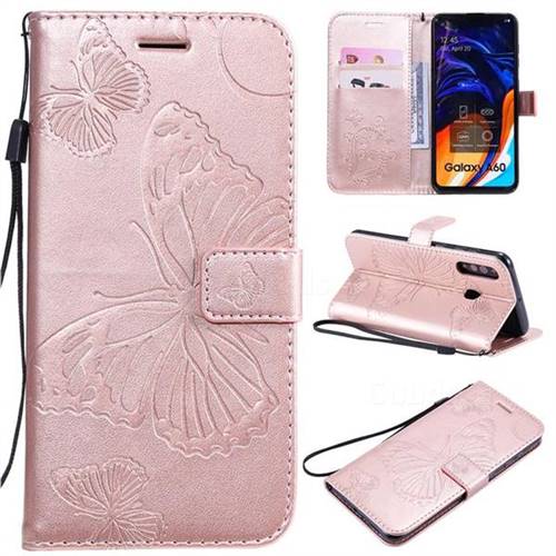 Embossing 3D Butterfly Leather Wallet Case for Samsung Galaxy A60 - Rose Gold