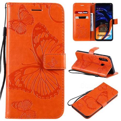 Embossing 3D Butterfly Leather Wallet Case for Samsung Galaxy A60 - Orange