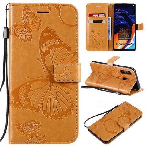 Embossing 3D Butterfly Leather Wallet Case for Samsung Galaxy A60 - Yellow