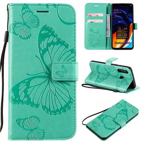 Embossing 3D Butterfly Leather Wallet Case for Samsung Galaxy A60 - Green