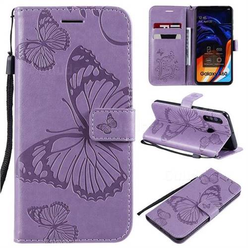 Embossing 3D Butterfly Leather Wallet Case for Samsung Galaxy A60 - Purple
