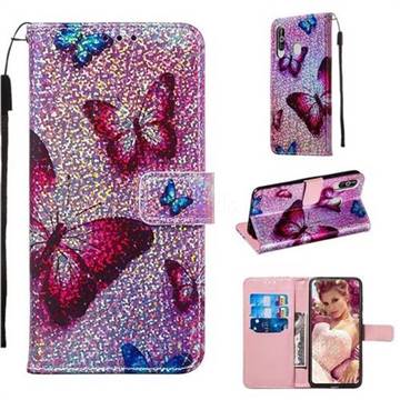 Blue Butterfly Sequins Painted Leather Wallet Case for Samsung Galaxy A60