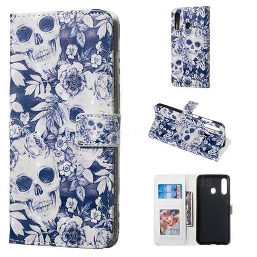 Skull Flower 3D Painted Leather Phone Wallet Case for Samsung Galaxy A60