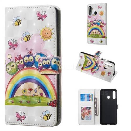 Rainbow Owl Family 3D Painted Leather Phone Wallet Case for Samsung Galaxy A60
