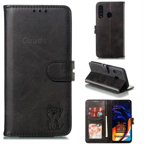 Embossing Happy Cat Leather Wallet Case for Samsung Galaxy A60 - Black