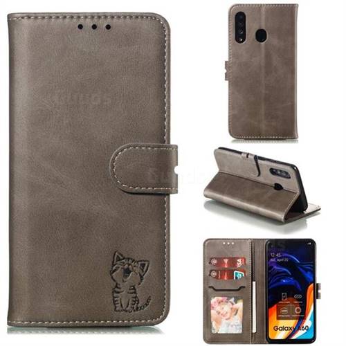 Embossing Happy Cat Leather Wallet Case for Samsung Galaxy A60 - Gray