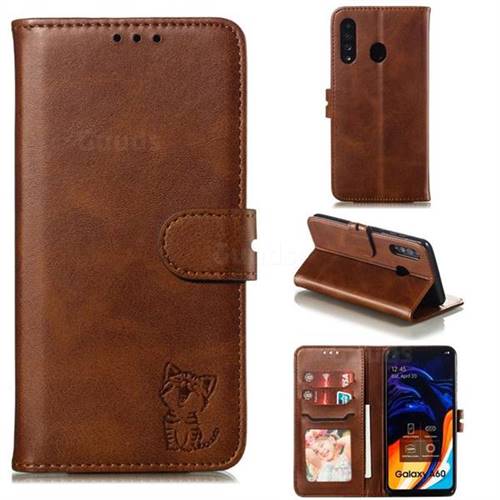 Embossing Happy Cat Leather Wallet Case for Samsung Galaxy A60 - Brown