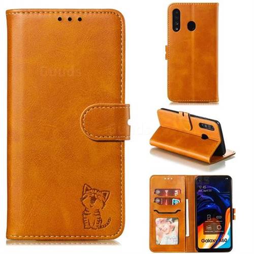 Embossing Happy Cat Leather Wallet Case for Samsung Galaxy A60 - Yellow