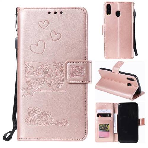 Embossing Owl Couple Flower Leather Wallet Case for Samsung Galaxy A60 - Rose Gold