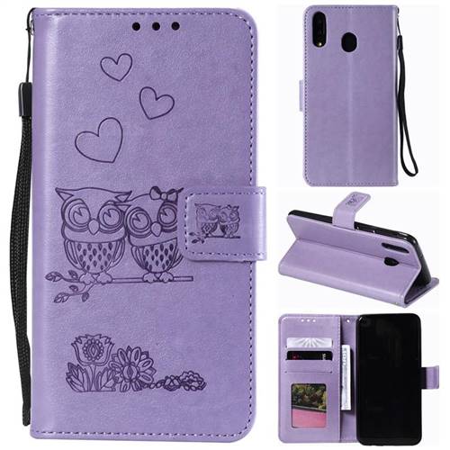 Embossing Owl Couple Flower Leather Wallet Case for Samsung Galaxy A60 - Purple