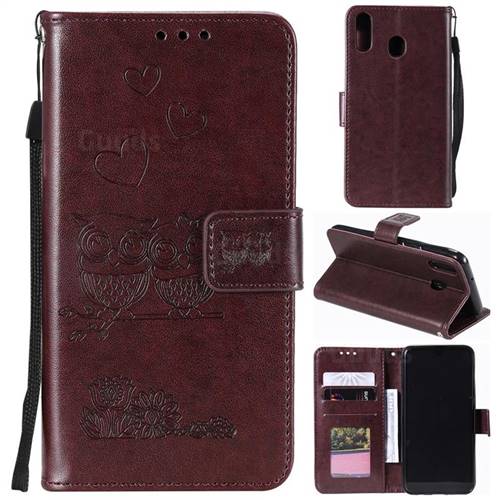 Embossing Owl Couple Flower Leather Wallet Case for Samsung Galaxy A60 - Brown