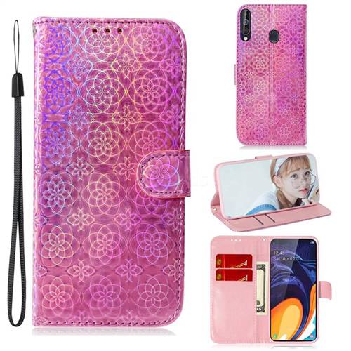 Laser Circle Shining Leather Wallet Phone Case for Samsung Galaxy A60 - Pink