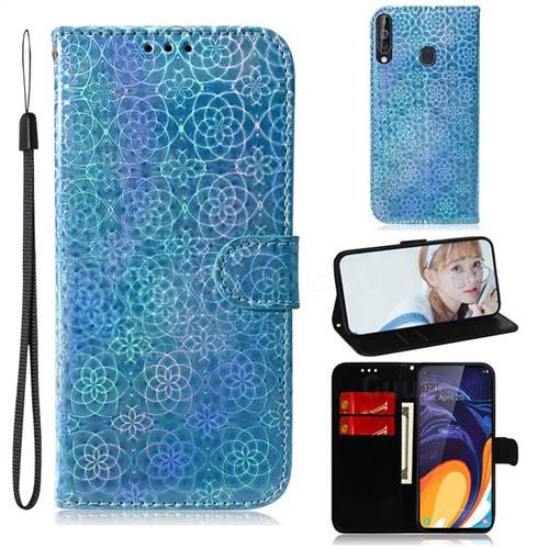 Laser Circle Shining Leather Wallet Phone Case for Samsung Galaxy A60 - Blue