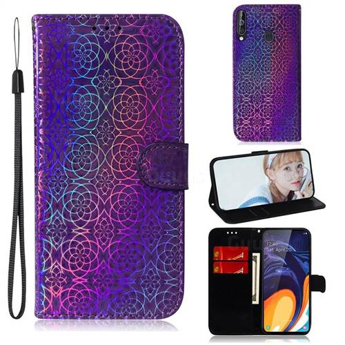 Laser Circle Shining Leather Wallet Phone Case for Samsung Galaxy A60 - Purple