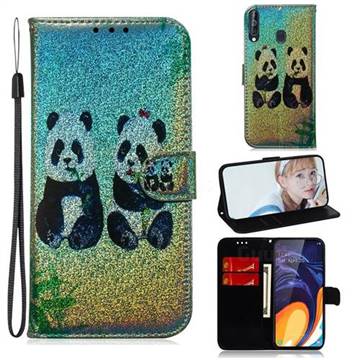 Two Pandas Laser Shining Leather Wallet Phone Case for Samsung Galaxy A60