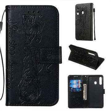 Embossing Tiger and Cat Leather Wallet Case for Samsung Galaxy A60 - Black