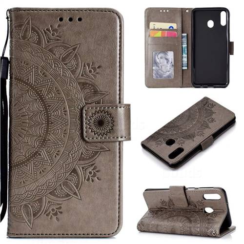 Intricate Embossing Datura Leather Wallet Case for Samsung Galaxy A60 - Gray