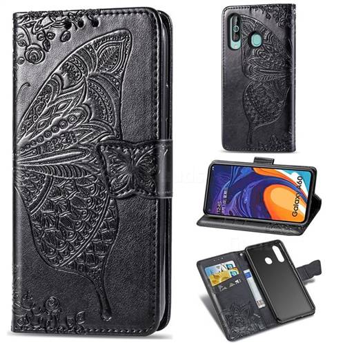 Embossing Mandala Flower Butterfly Leather Wallet Case for Samsung Galaxy A60 - Black