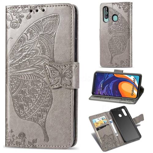 Embossing Mandala Flower Butterfly Leather Wallet Case for Samsung Galaxy A60 - Gray