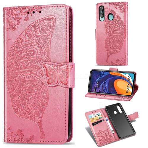 Embossing Mandala Flower Butterfly Leather Wallet Case for Samsung Galaxy A60 - Pink