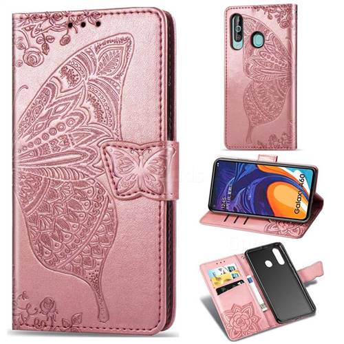 Embossing Mandala Flower Butterfly Leather Wallet Case for Samsung Galaxy A60 - Rose Gold