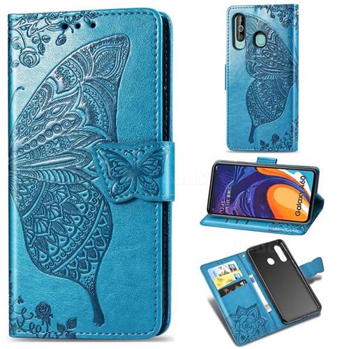 Embossing Mandala Flower Butterfly Leather Wallet Case for Samsung Galaxy A60 - Blue