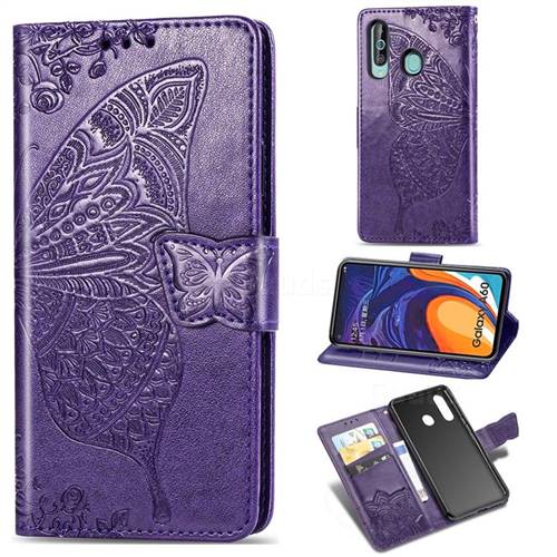 Embossing Mandala Flower Butterfly Leather Wallet Case for Samsung Galaxy A60 - Dark Purple