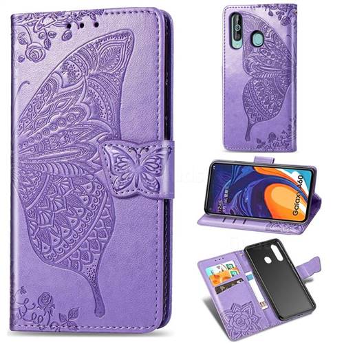 Embossing Mandala Flower Butterfly Leather Wallet Case for Samsung Galaxy A60 - Light Purple
