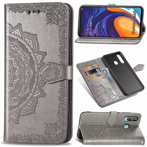 Embossing Imprint Mandala Flower Leather Wallet Case for Samsung Galaxy A60 - Gray