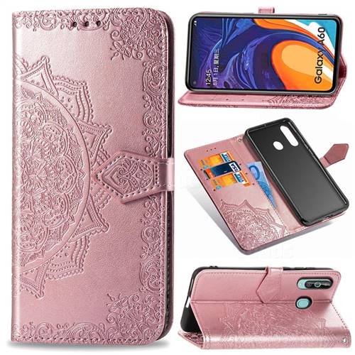 Embossing Imprint Mandala Flower Leather Wallet Case for Samsung Galaxy A60 - Rose Gold