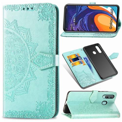 Embossing Imprint Mandala Flower Leather Wallet Case for Samsung Galaxy A60 - Green