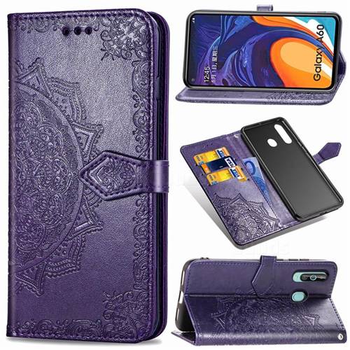 Embossing Imprint Mandala Flower Leather Wallet Case for Samsung Galaxy A60 - Purple