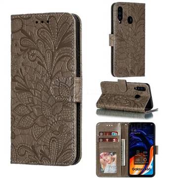 Intricate Embossing Lace Jasmine Flower Leather Wallet Case for Samsung Galaxy A60 - Gray