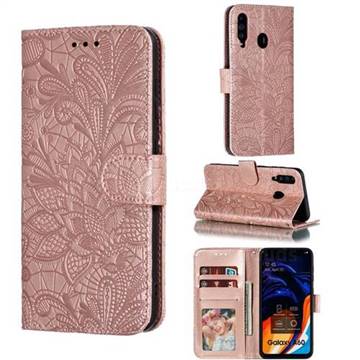 Intricate Embossing Lace Jasmine Flower Leather Wallet Case for Samsung Galaxy A60 - Rose Gold
