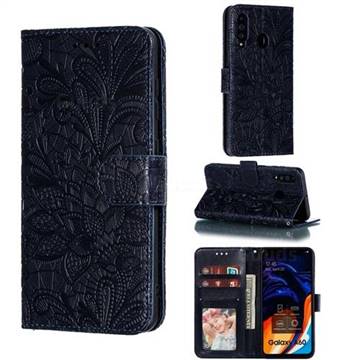 Intricate Embossing Lace Jasmine Flower Leather Wallet Case for Samsung Galaxy A60 - Dark Blue