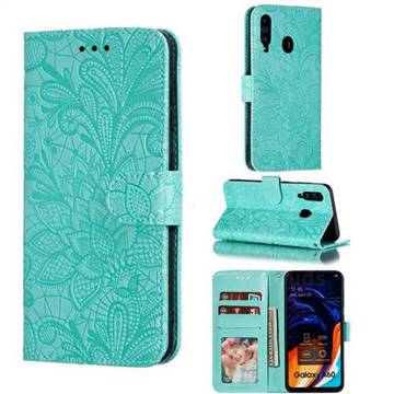 Intricate Embossing Lace Jasmine Flower Leather Wallet Case for Samsung Galaxy A60 - Green