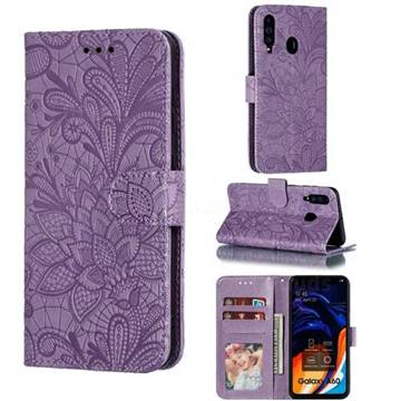 Intricate Embossing Lace Jasmine Flower Leather Wallet Case for Samsung Galaxy A60 - Purple