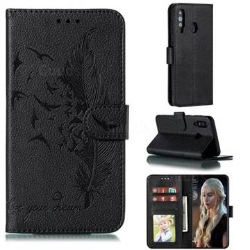 Intricate Embossing Lychee Feather Bird Leather Wallet Case for Samsung Galaxy A60 - Black