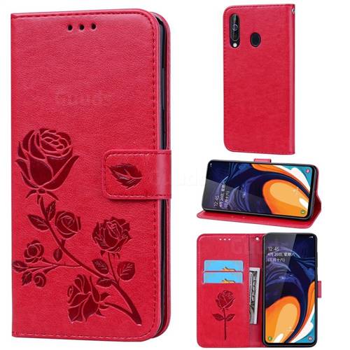 Embossing Rose Flower Leather Wallet Case for Samsung Galaxy A60 - Red