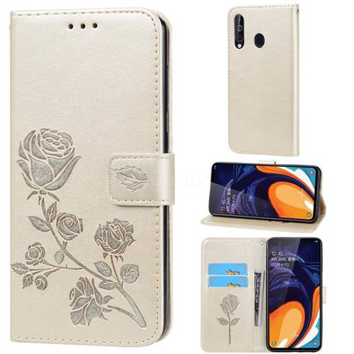 Embossing Rose Flower Leather Wallet Case for Samsung Galaxy A60 - Golden