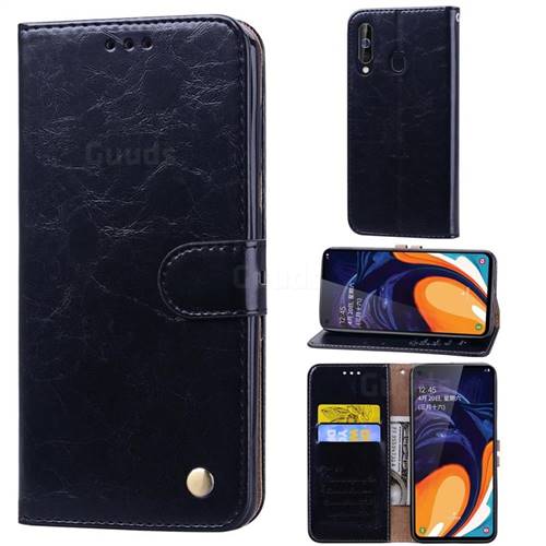 Luxury Retro Oil Wax PU Leather Wallet Phone Case for Samsung Galaxy A60 - Deep Black