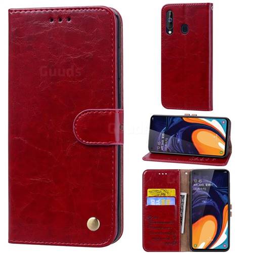 Luxury Retro Oil Wax PU Leather Wallet Phone Case for Samsung Galaxy A60 - Brown Red