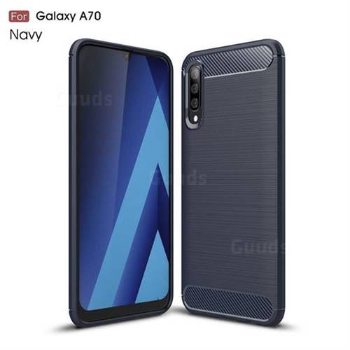 Luxury Carbon Fiber Brushed Wire Drawing Silicone TPU Back Cover for Samsung Galaxy A70 - Navy