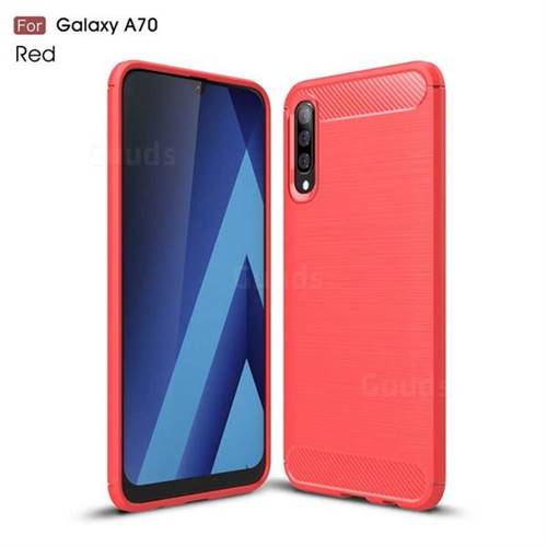 Luxury Carbon Fiber Brushed Wire Drawing Silicone TPU Back Cover for Samsung Galaxy A70 - Red